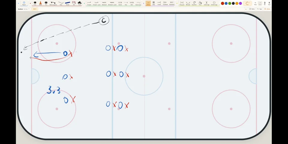 Freehand hockey notes and sketches drawn over the rink in Paint mode
